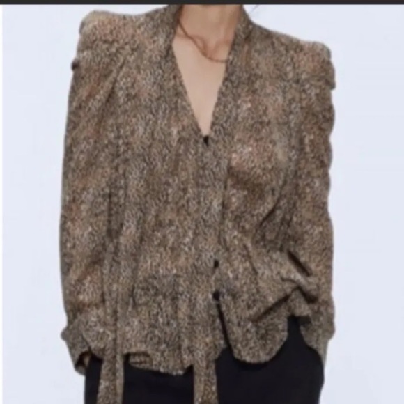 𝅺zara leopard print puff sleeve tie neck blouse - Picture 1 of 4